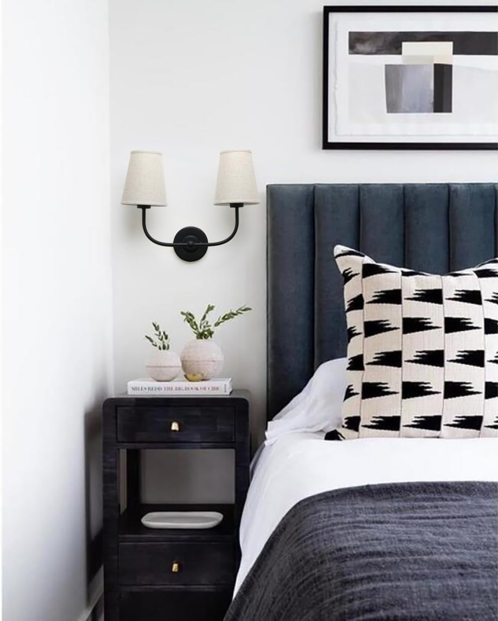 Black 2-Light Wall Sconce Linen Shades Vintage Bedroom & Bathroom Lamp