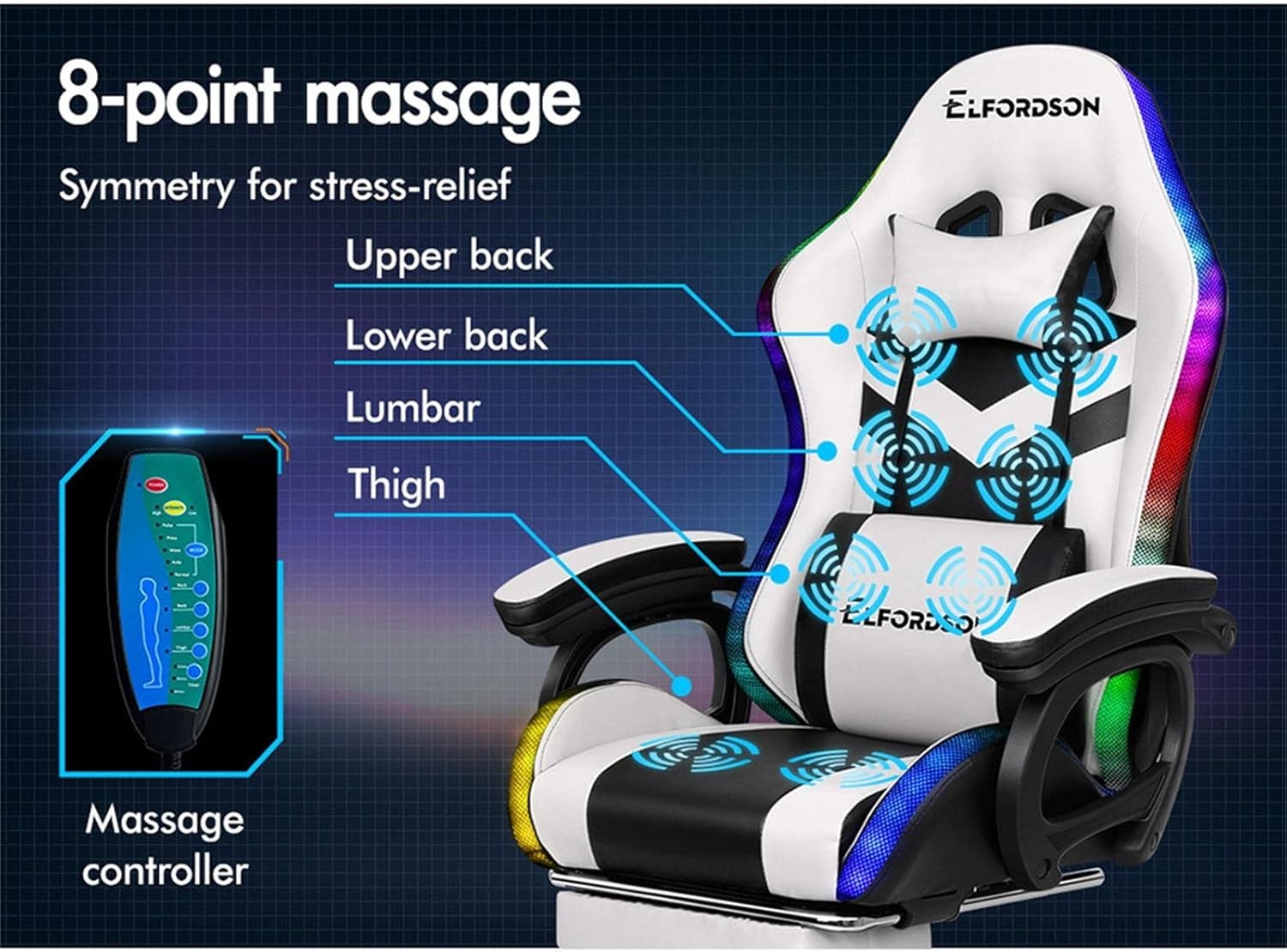 RGB LED Massage Gaming Chair Recliner w Footrest 150° High Back