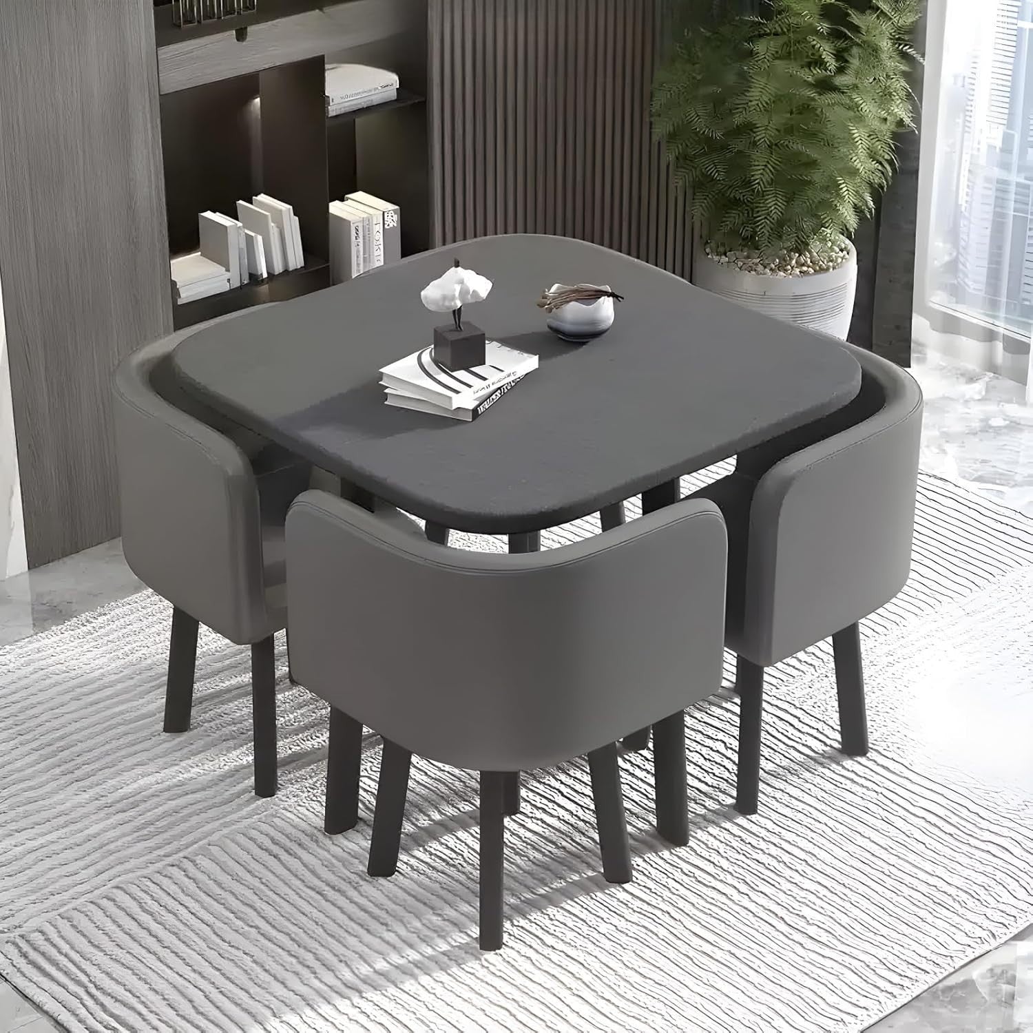 Modern 5-Piece Grey Dining Table Set with 4 Faux Leather Chairs, Compact Size
