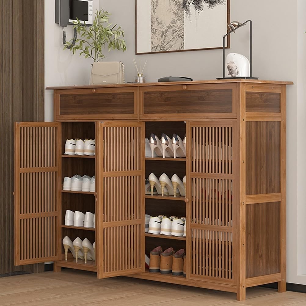 Large Bamboo Shoe Cabinet with Drawer & Ventilated Door, Holds 32 Pairs
