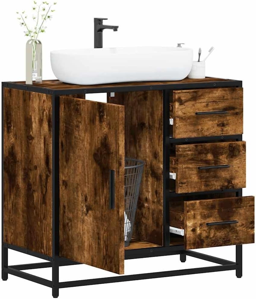 Smoked Oak Bathroom Sink Cabinet Industrial Vanity Storage Unit 65x33x60cm
