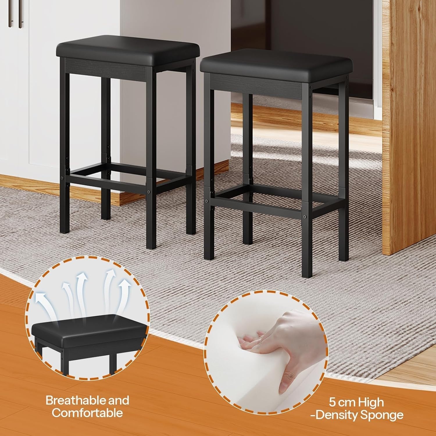 Black PU Leather Bar Stool Set 2 – 63cm High Kitchen & Breakfast Chairs
