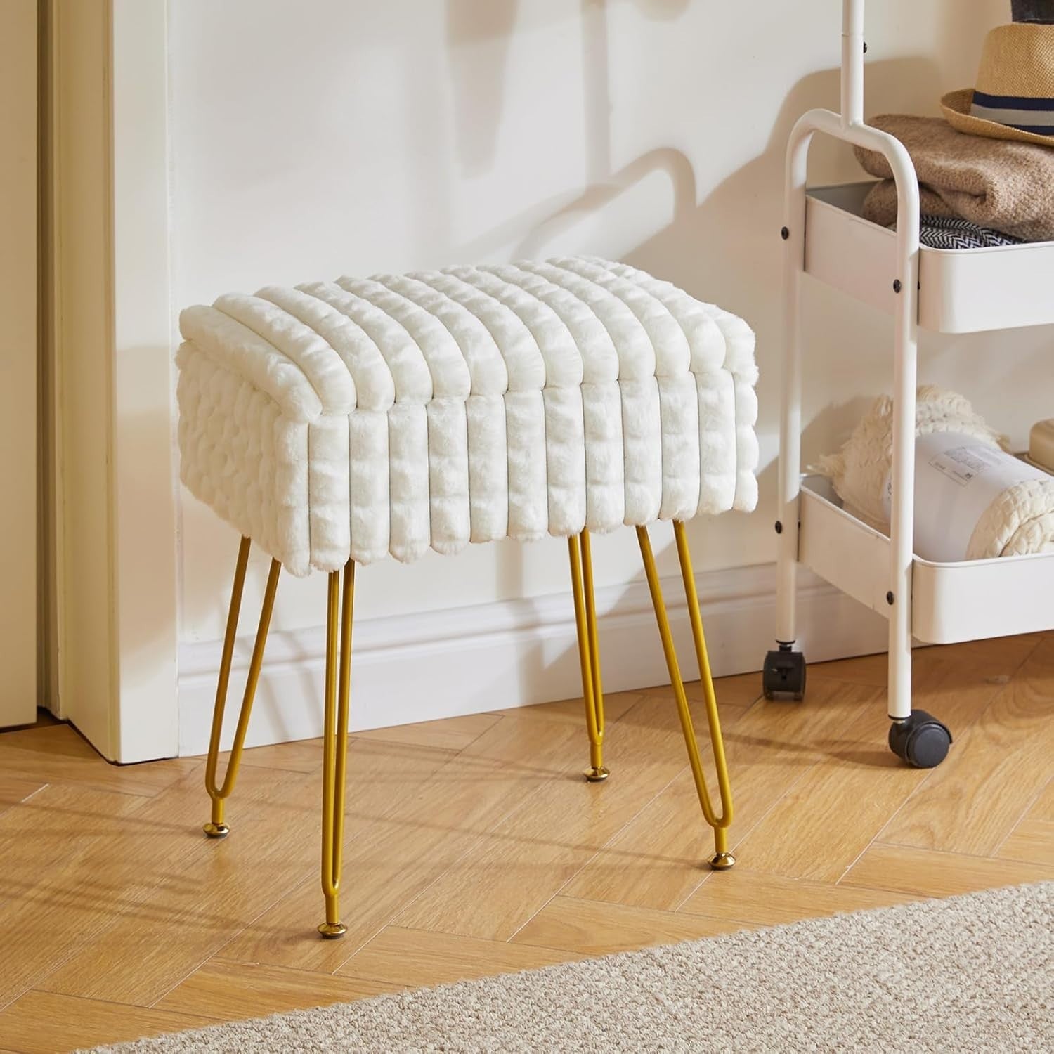 Creamy-White Velvet Round Vanity Stool with Golden Steel Legs