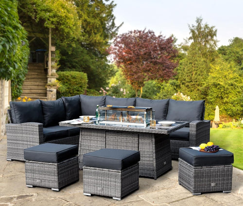 9 Seater Outdoor Rattan Garden Sofa Set with Fire Table & Rain Cover Dark Grey