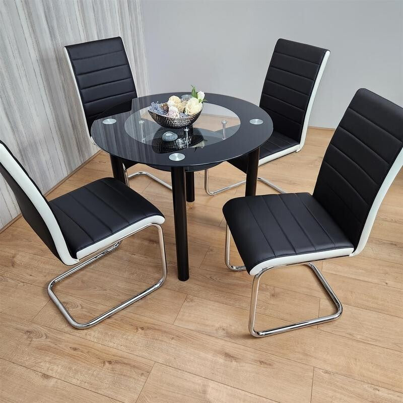 Round Glass Dining Table Set 4 Faux Leather Chairs Modern Kitchen