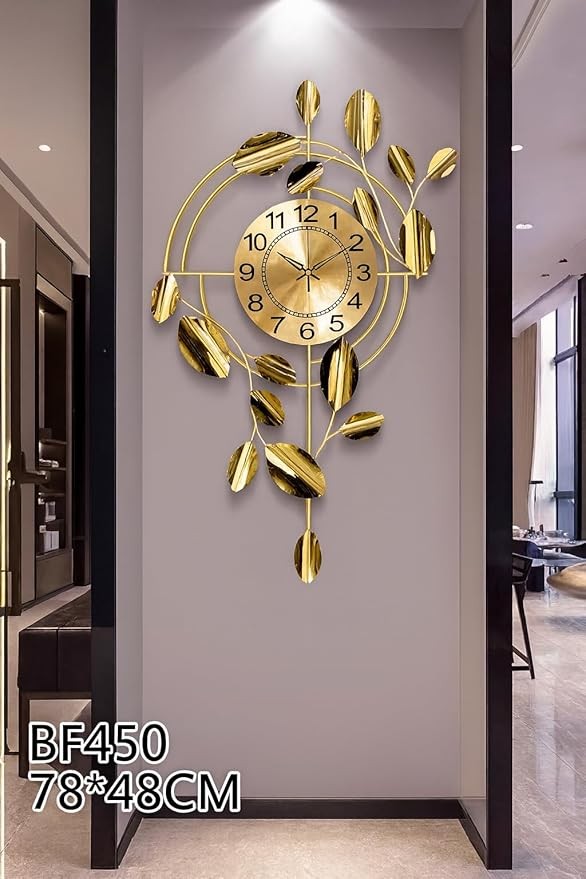 Luxury Gold Leaf Wall Clock Modern 78×48cm Silent Metal Art Decor Living Room