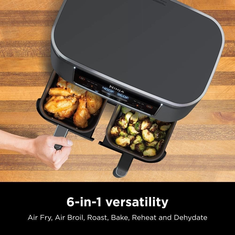 8-Qt Dual Basket Air Fryer | 6-in-1 Smart Finish Cooker | Family Size XL Crisp