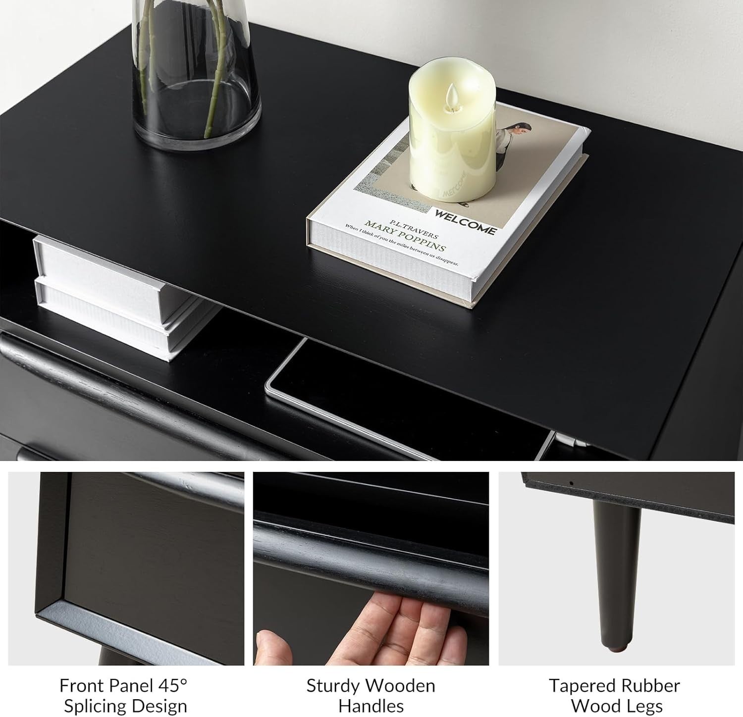 Set of 2 Black Wooden Bedside Tables with Drawers & Shelf – Mid-Century Modern