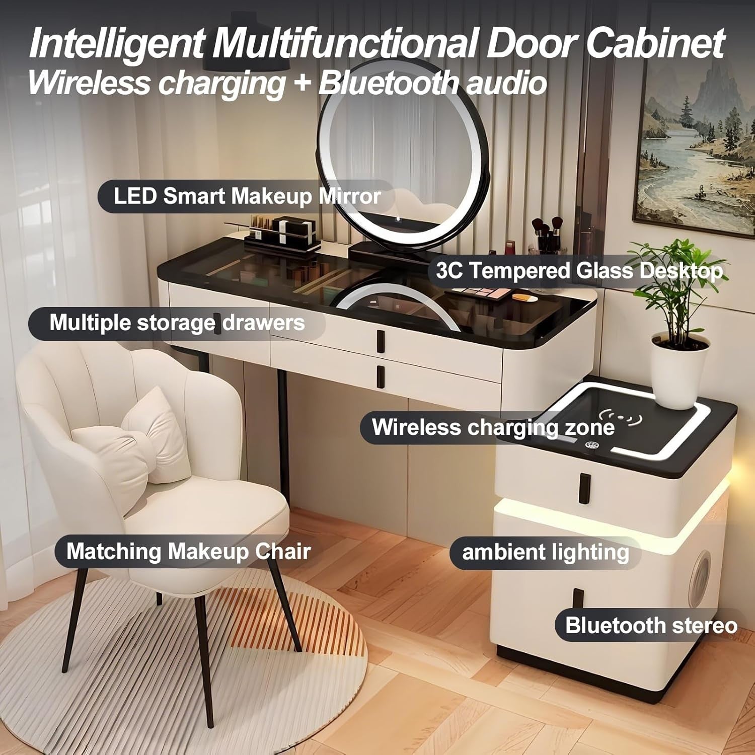 Modern Vanity Makeup Dressing Table w/ Mirror Light Charger Audio White-Black