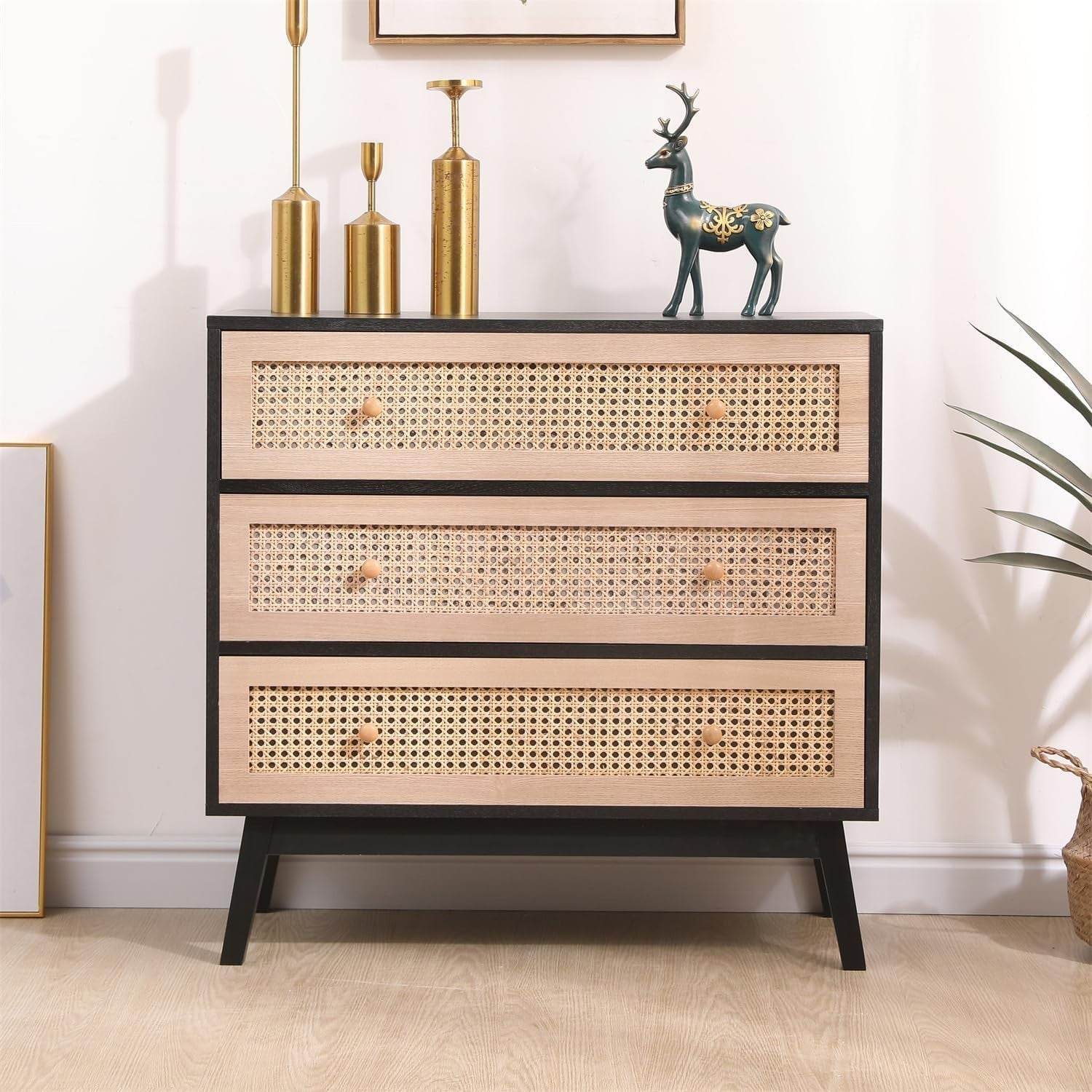 Black Frame Rattan Chest 3 Drawer Storage Cabinet Wood Dresser 80cm