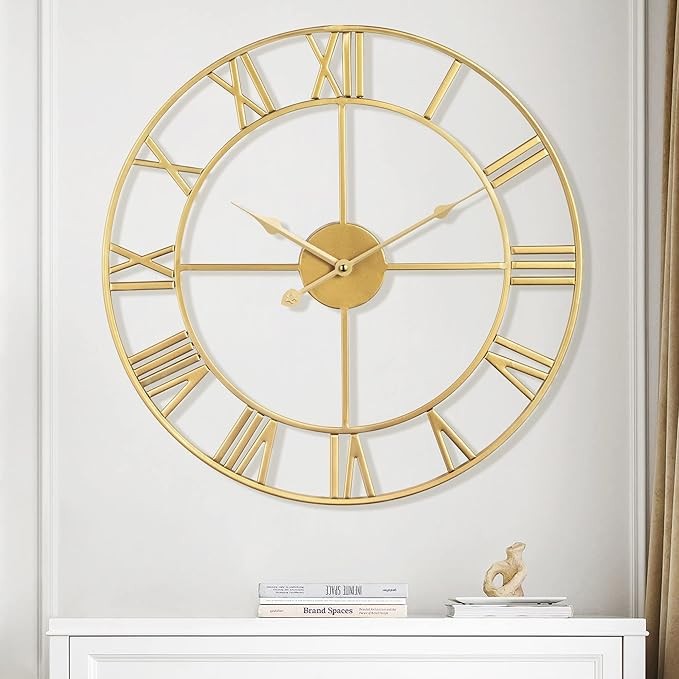 Large 40cm Gold Roman Numeral Wall Clock Silent Metal Vintage Home Decor