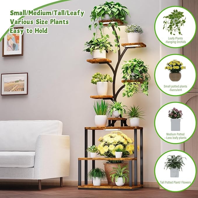 9 Tier Metal Plant Stand with Adjustable Grow Lights Indoor Tall Flower Shelf