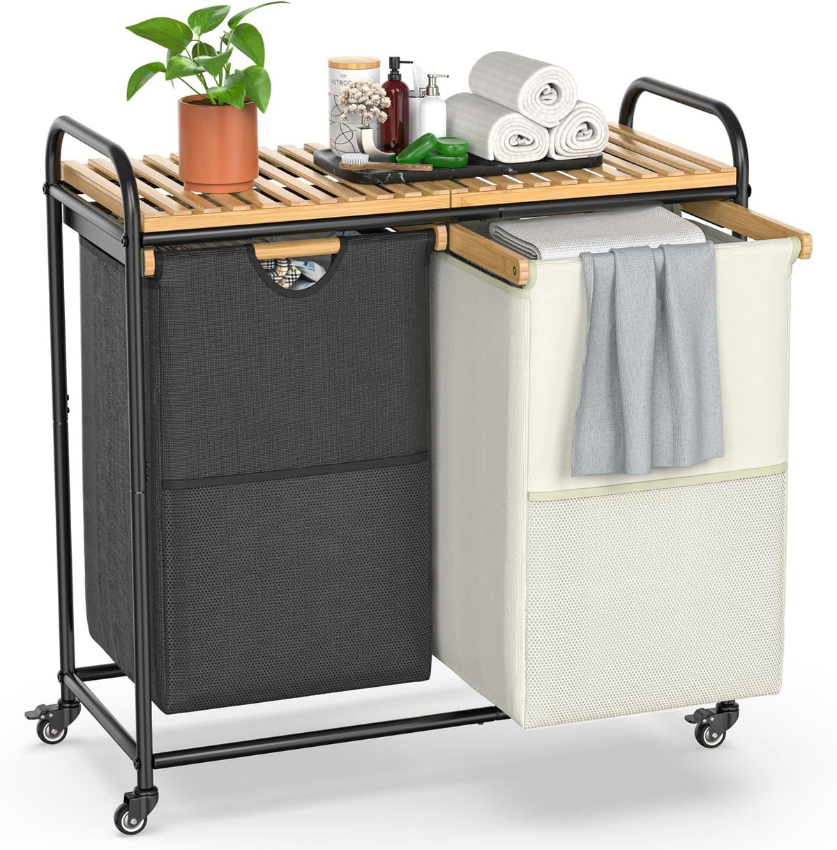 2-Section Laundry Sorter with Bamboo Shelf, Pull-Out 50L Bags & Wheels – Space S