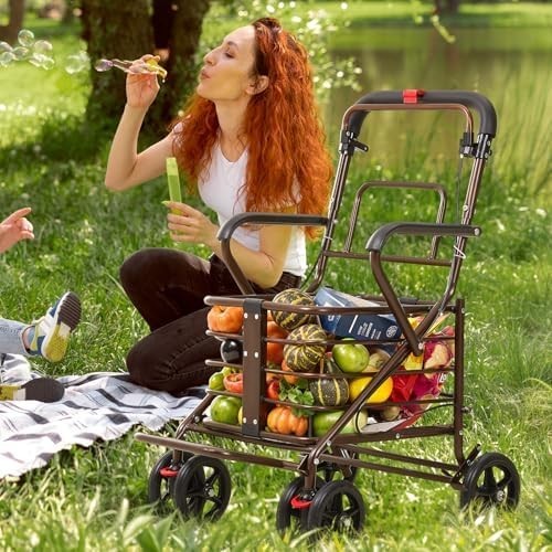 Walk & Rest Shopping Trolley with Seat 27L Foldable 4 Wheel Brakes