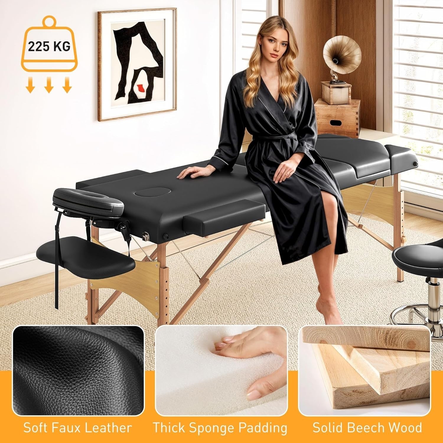 Portable 3-Section Massage Table Adjustable Wooden Beauty Bed w/ Face Cradle