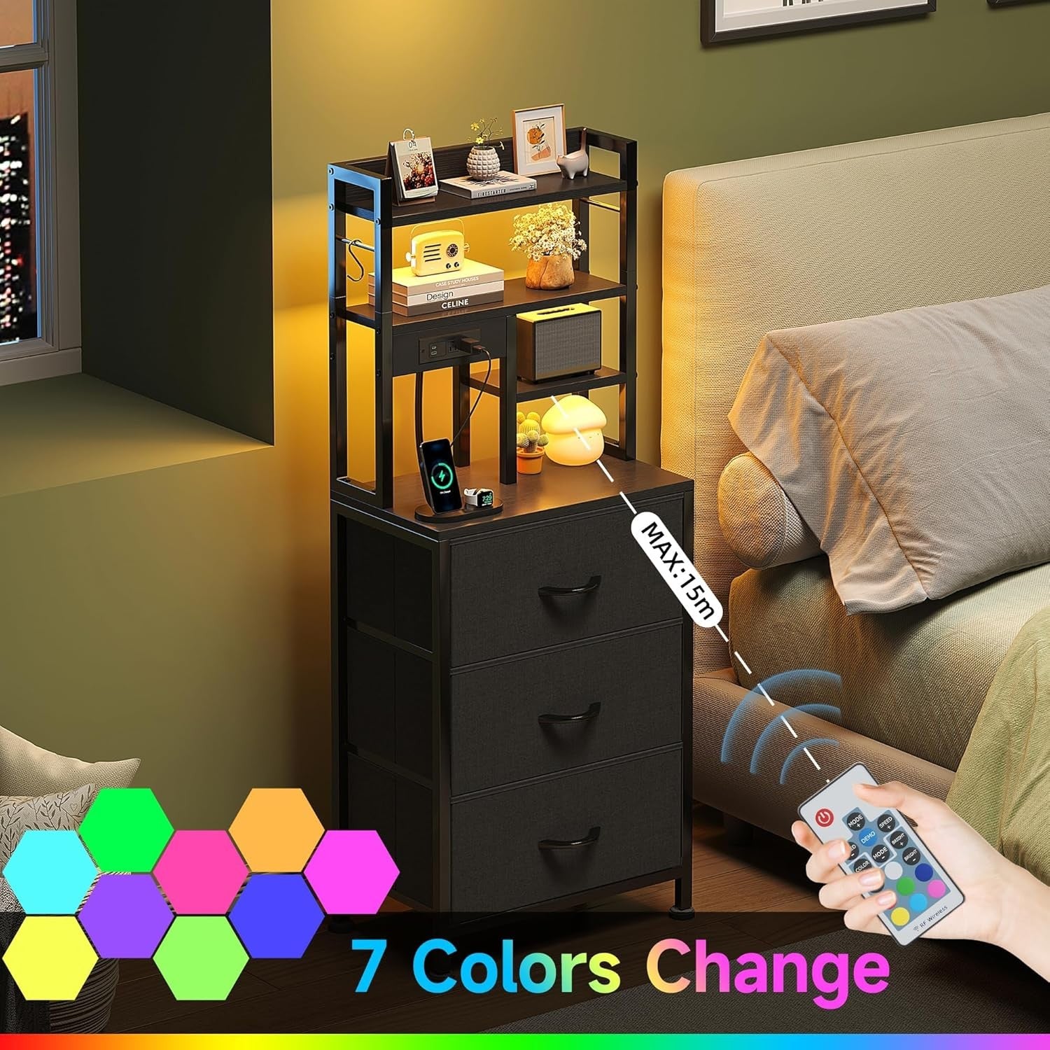 Tall Bedside Table with LED Lights Charging Ports Shelves Drawers Storage Unit