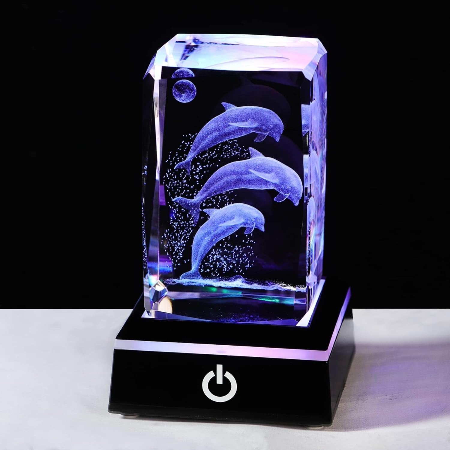 3D Crystal Dolphin Figurine with LED Base • Engraved Glass Ornament Gift Decor