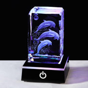 3D Crystal Dolphin Figurine with LED Base • Engraved Glass Ornament Gift Decor