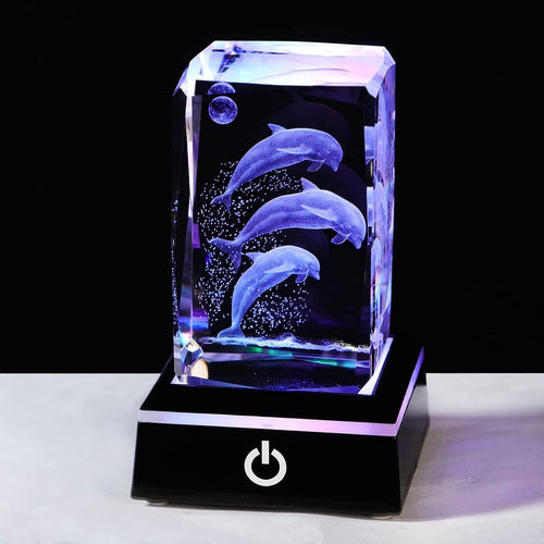 3D Crystal Dolphin Figurine with LED Base • Engraved Glass Ornament Gift Decor