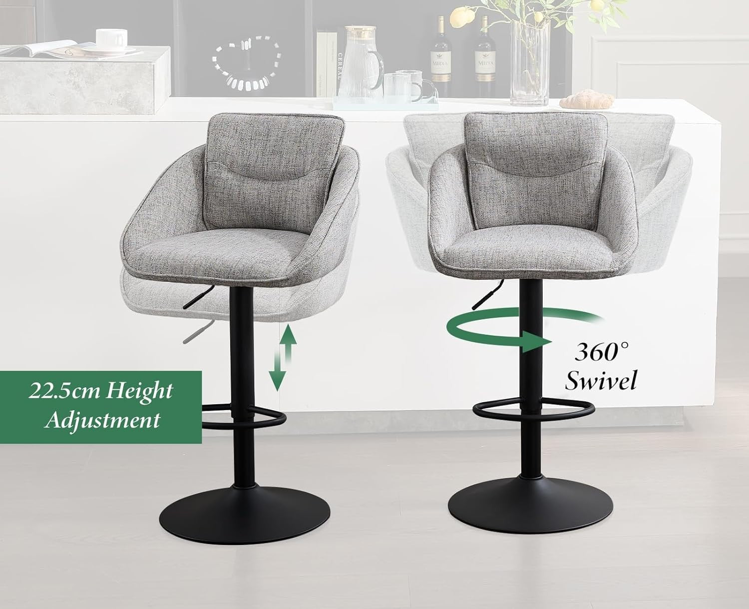Adjustable Grey Linen Bar Stools Set of 2 Swivel Kitchen Counter