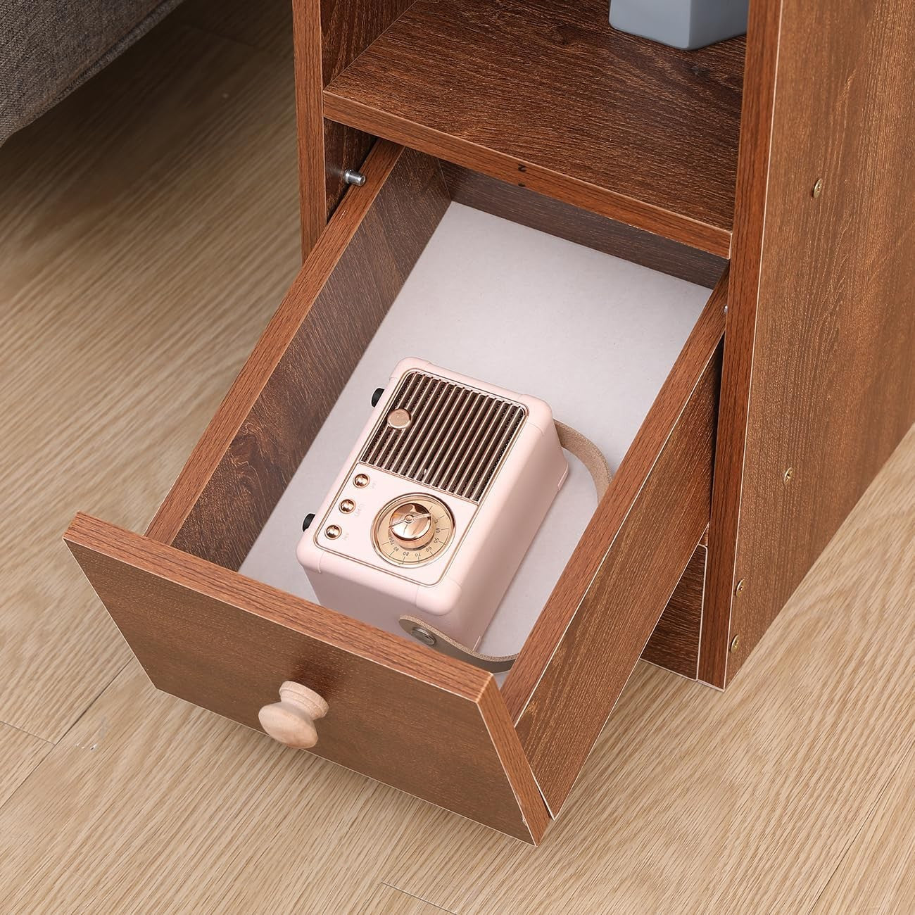 Dark Walnut Slim Storage Cabinet with Drawer – Modern Narrow Bedside Unit