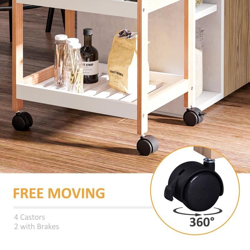 3-Tier Rolling Kitchen Trolley with Tray & Shelves – White Wood Storage