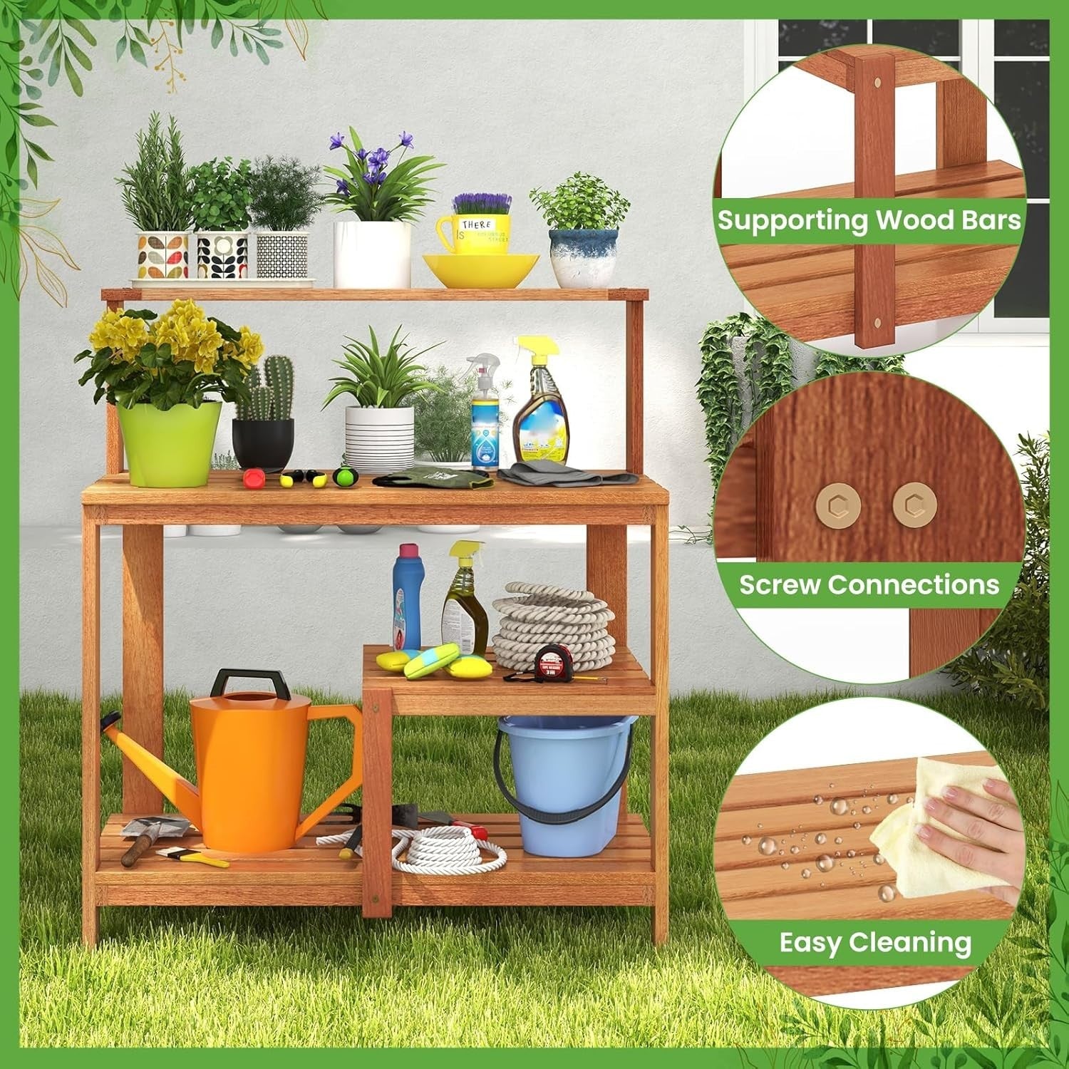 Wooden Garden Potting Table Bench w/ Shelves Teak Oil Finish Outdoor 91x46