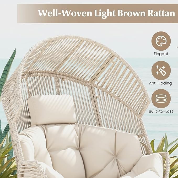 Oversized Rattan Egg Chair Outdoor Recliner with Cushions & Headrest – Max 180kg