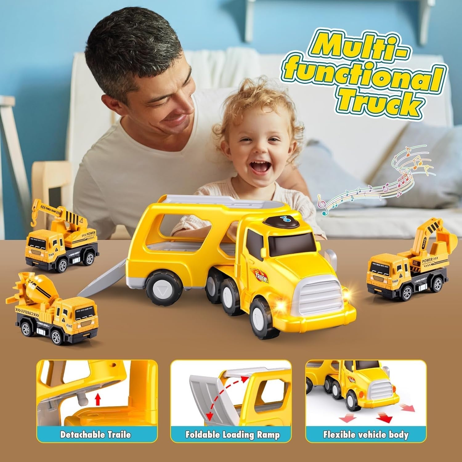 Remote Control Construction Truck Set with Lights & Music for Boys 1-6