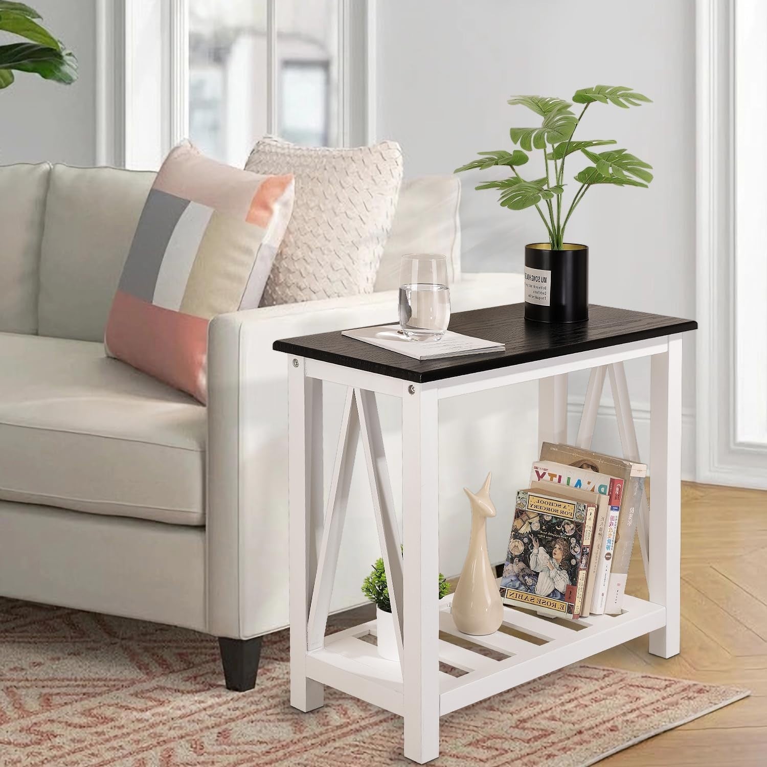 Narrow Black & White Side Table with Storage Shelf, Rustic Nightstand