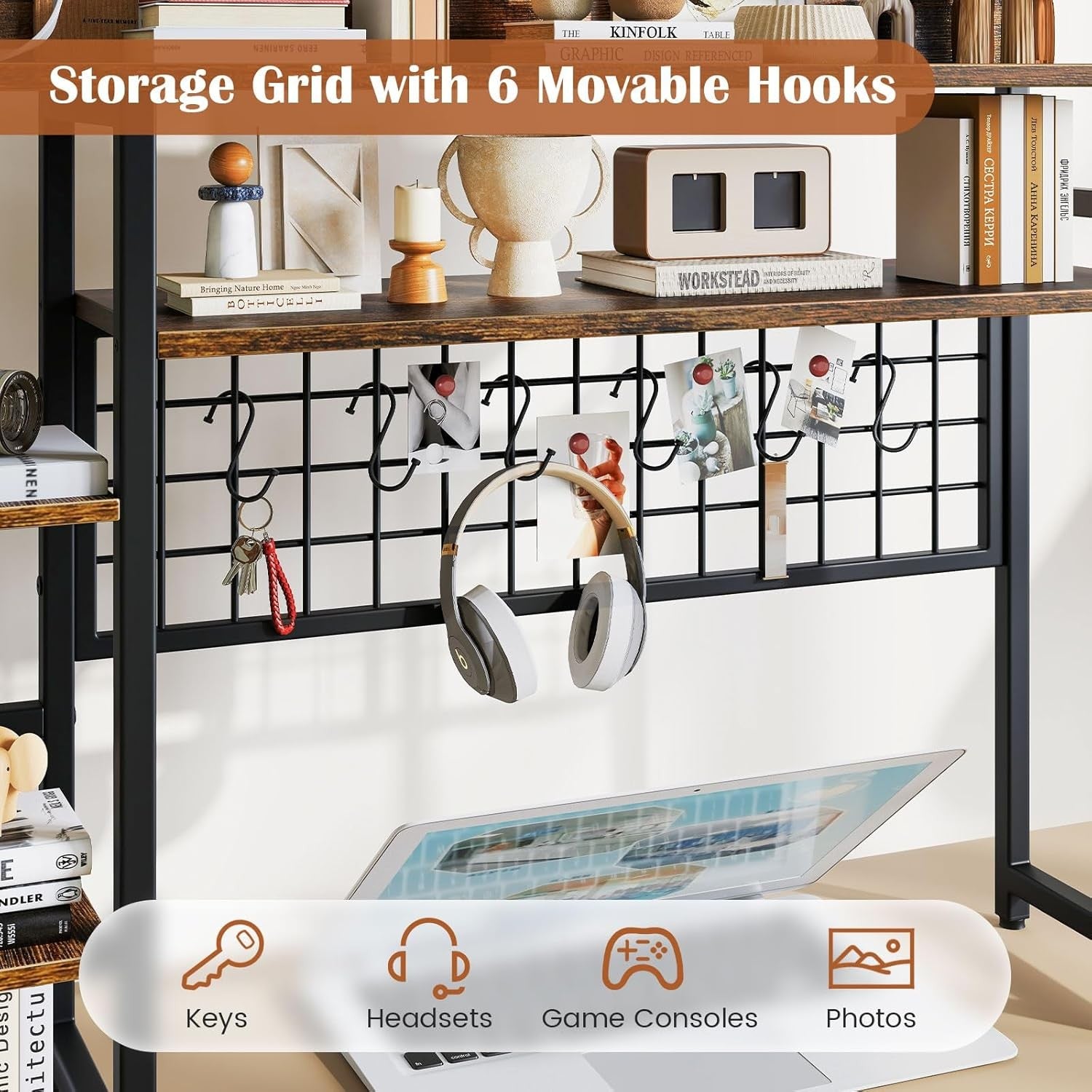 4-Tier Rustic Desktop Hutch Bookshelf Monitor Stand with Hooks Desk Organizer