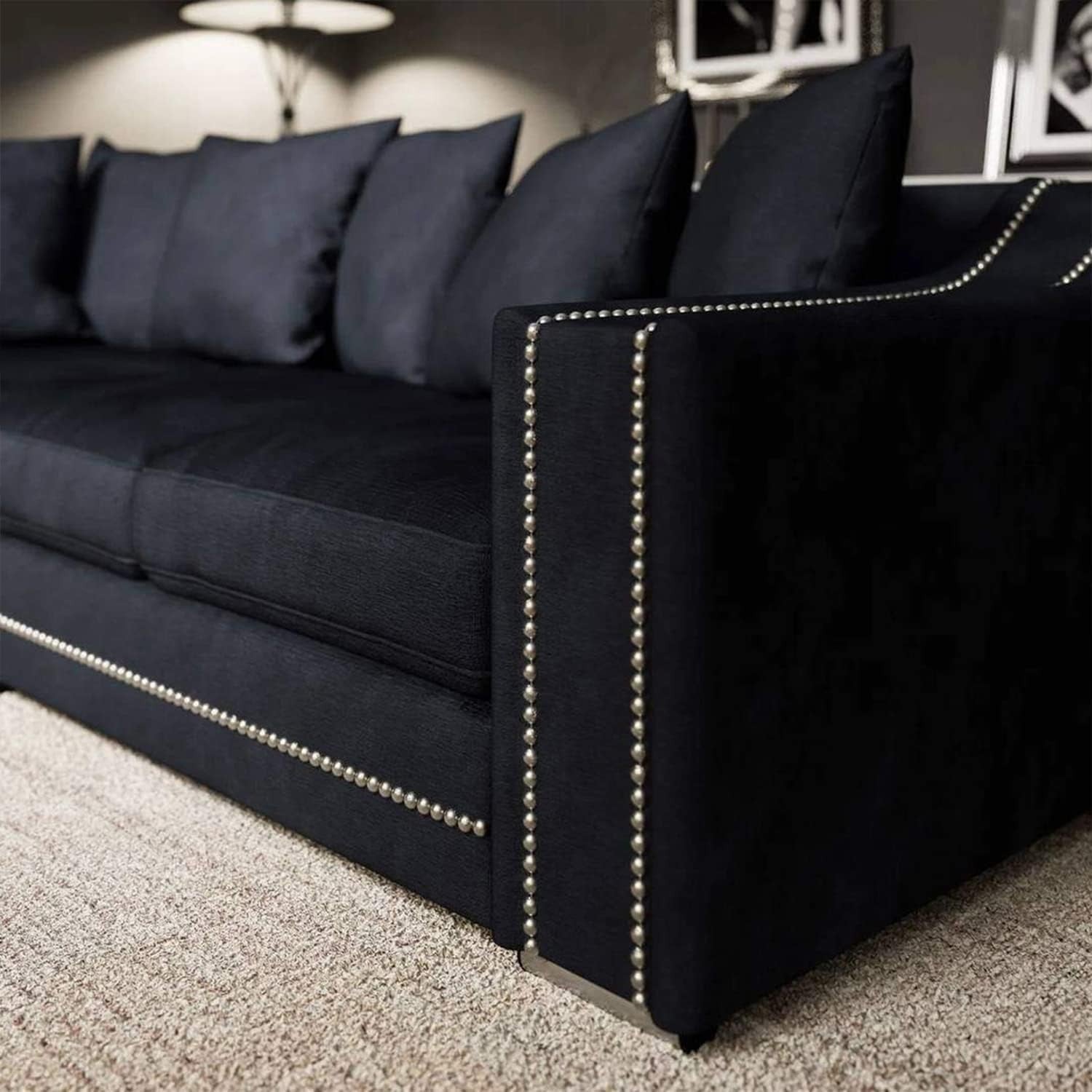 Charcoal Fabric Corner Sofa 3-4 Seater L Shape ✨ Studded Arms, Modern Look