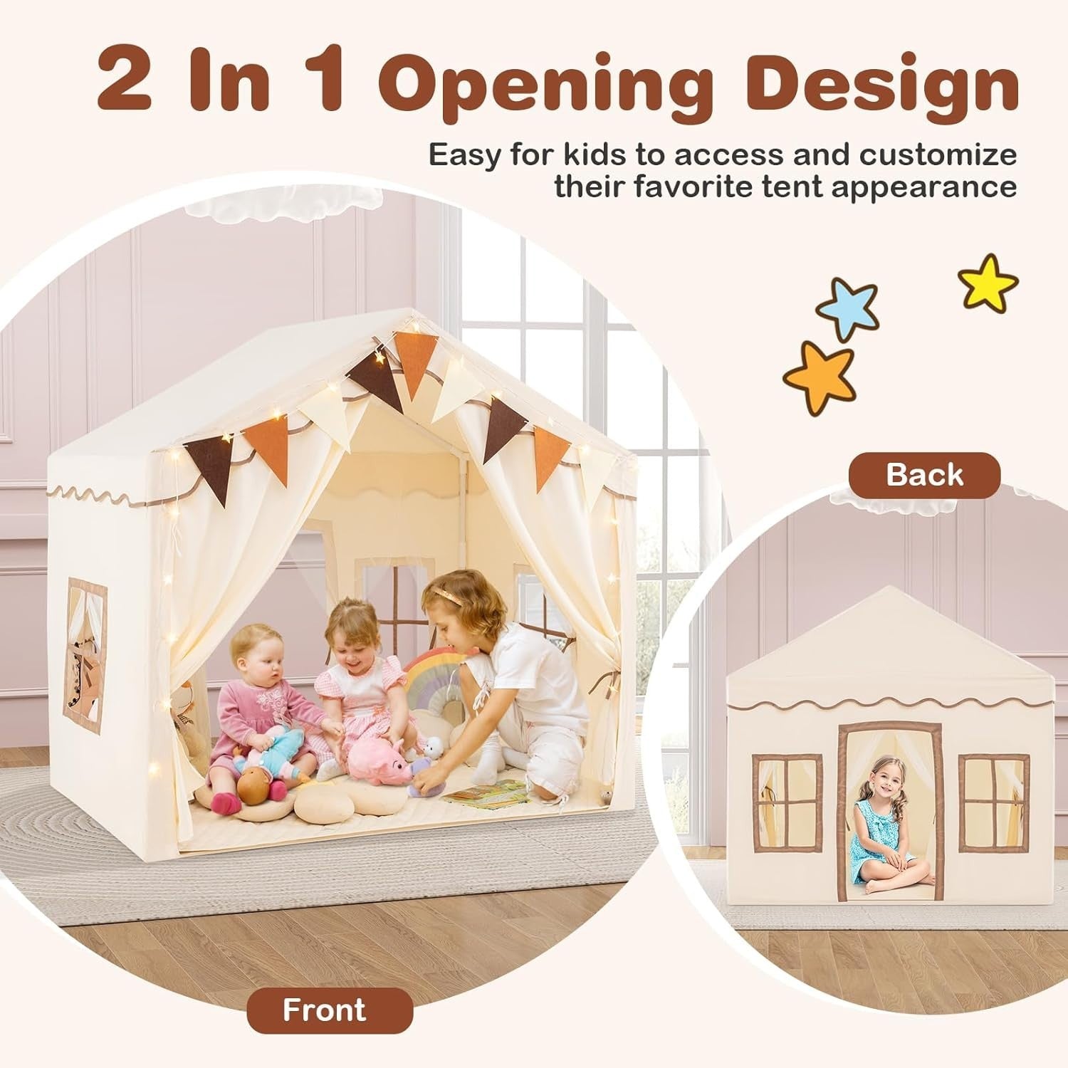 Beige Kids Castle Play Tent Indoor Outdoor w Lights Mat Doors