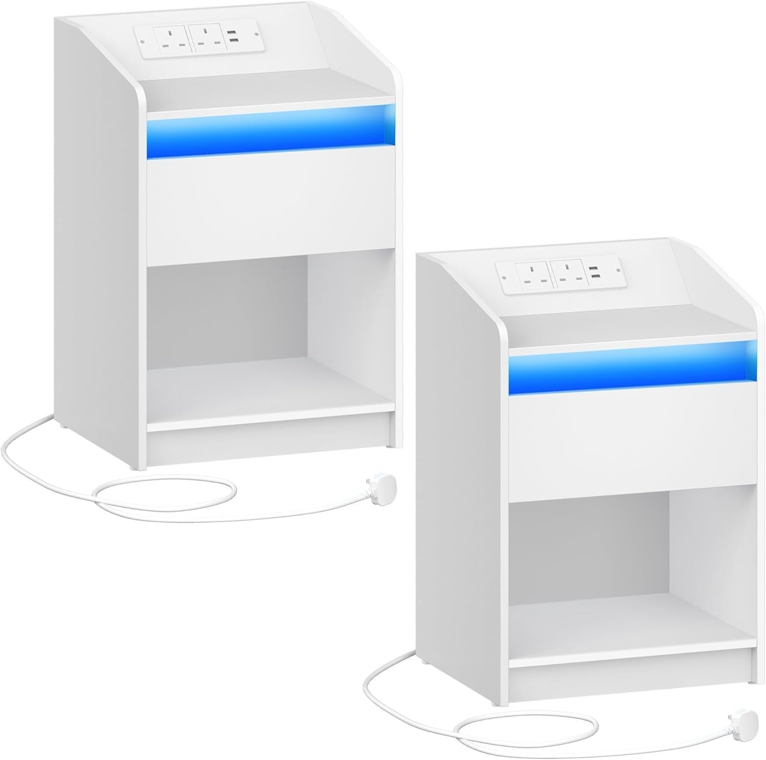 Set of 2 LED Bedside Tables with Charging Ports – White Nightstands with Drawer