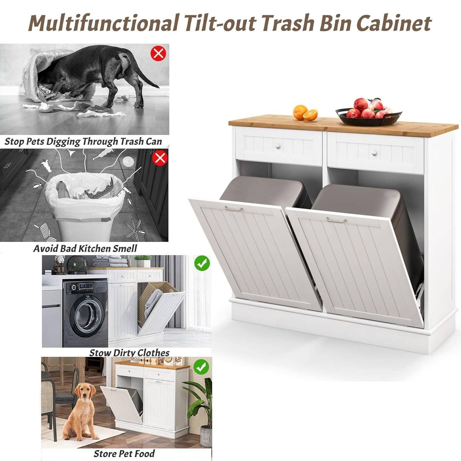 Tilt Out Kitchen Bin Cabinet Wooden Trash Hamper with Bamboo Top