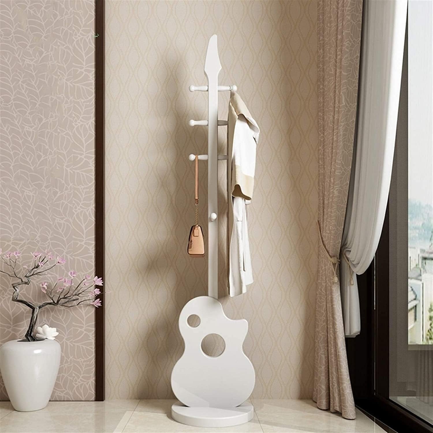 White Guitar Shape Wooden Coat Rack 8 Hooks Modern Freestanding Hall Tree