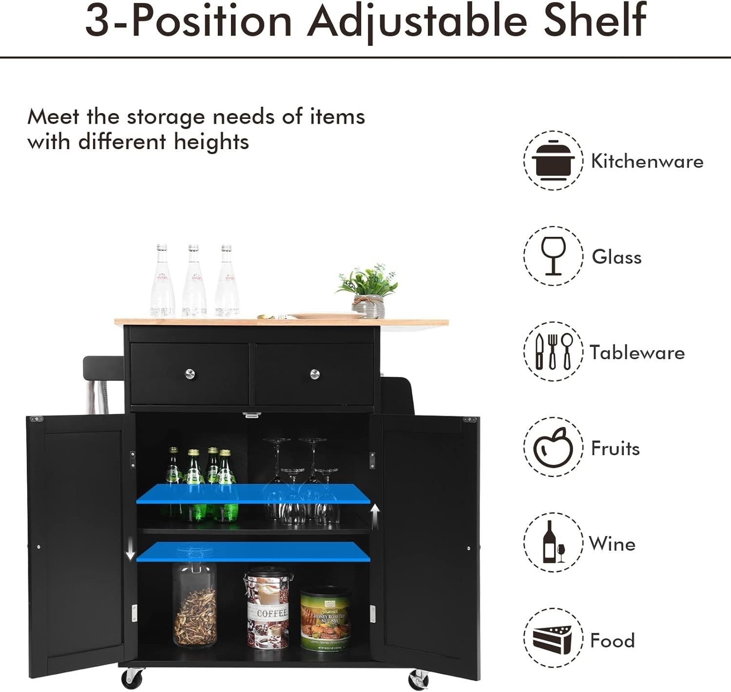 Mobile Kitchen Island Cart with Rubber Wood Countertop, Lockable Wheels Black