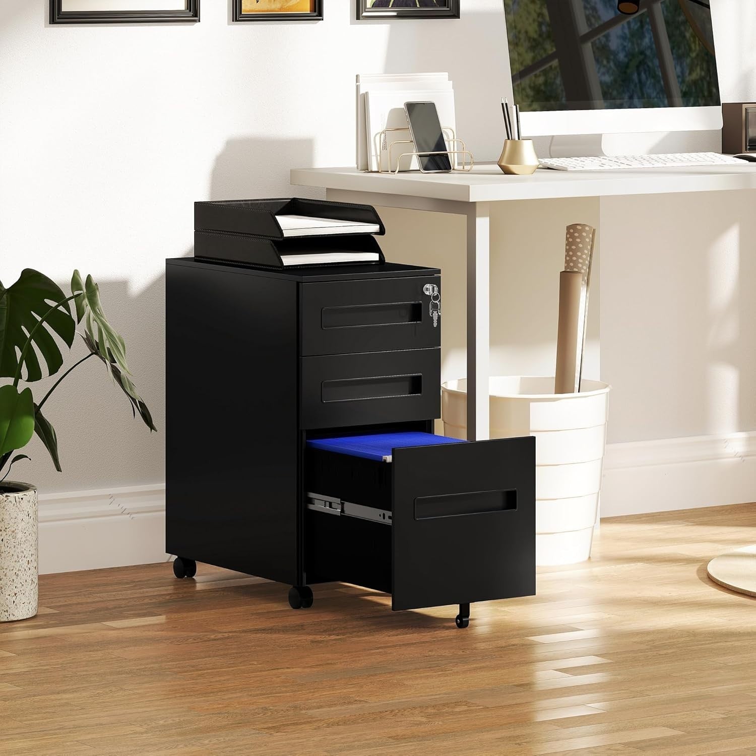 Black 3 Drawer Lockable File Cabinet 30x43.5x60cm Mobile Cabinet