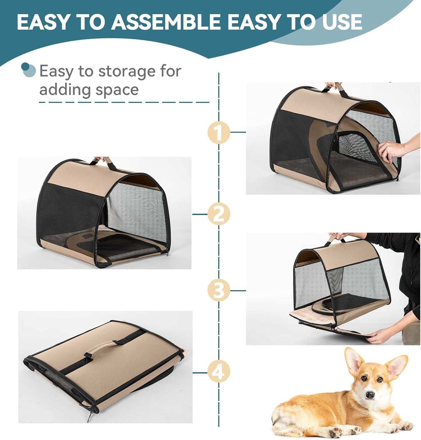 Soft Dog Crate 67x50x50cm Portable Travel Carrier Cat Kennel with Mat Khaki