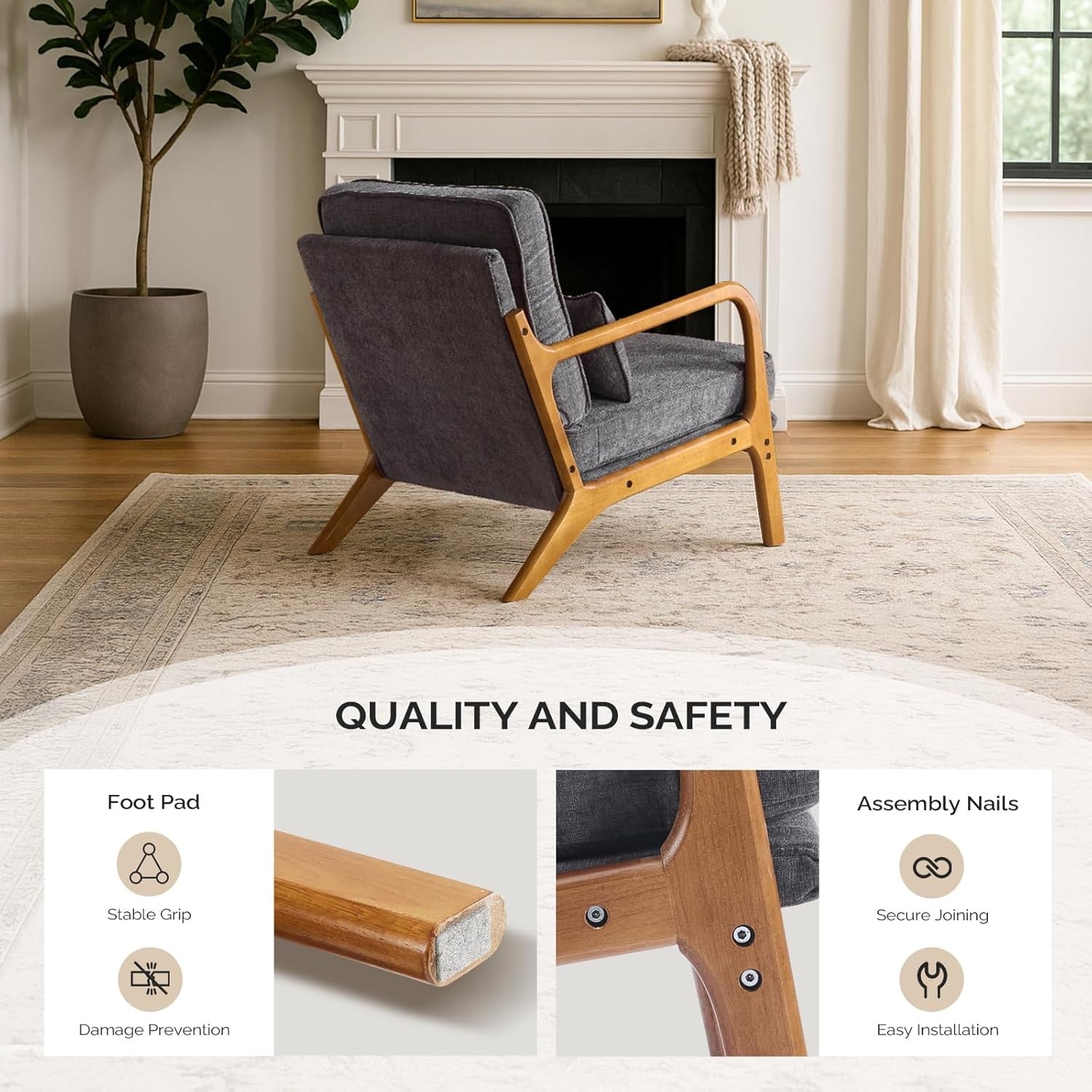 Dark Grey Chenille Accent Chair – Solid Wood Lounge Armchair