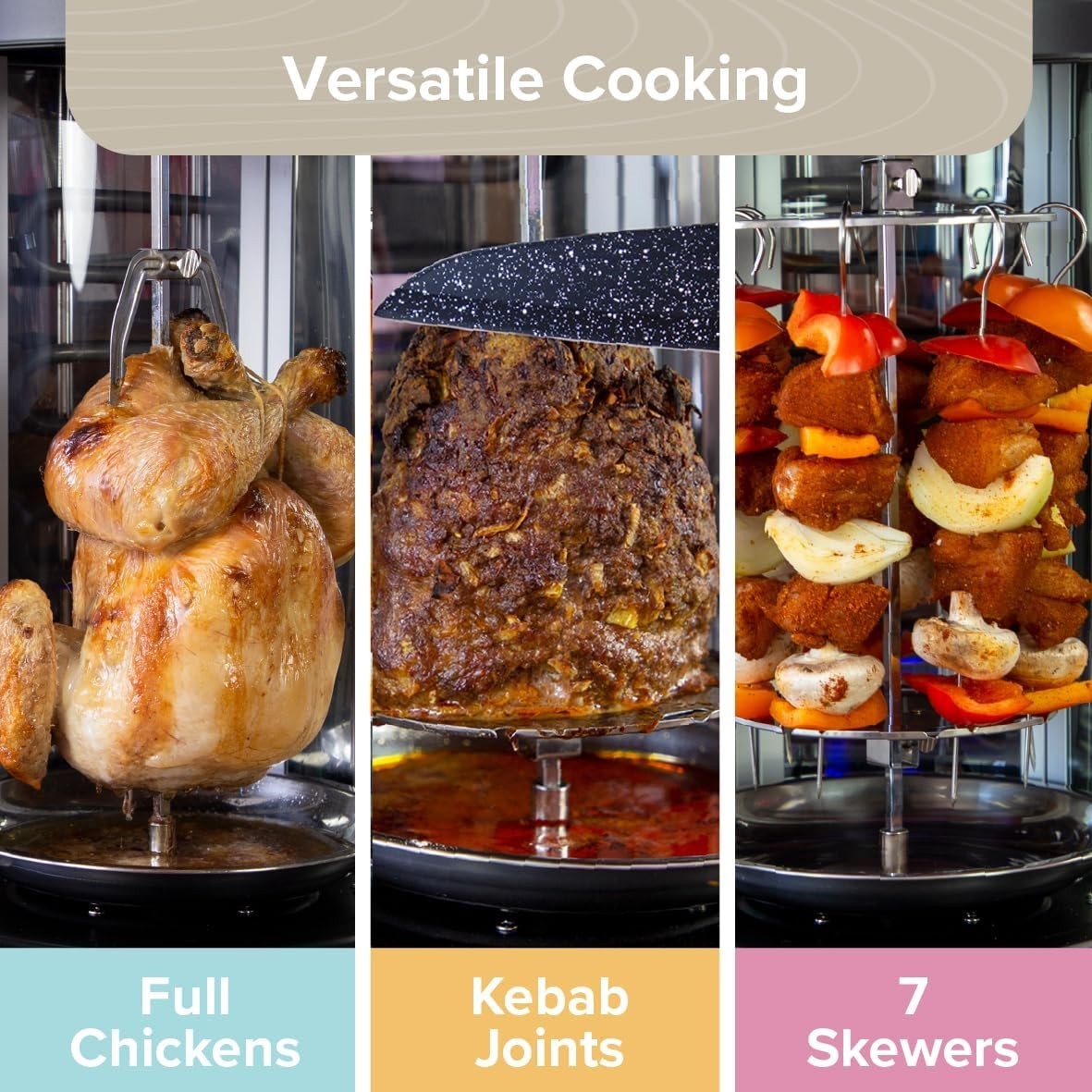 21L Rotisserie Kebab Grill 7 Skewers Vertical Cooker 1500W Timer Glass