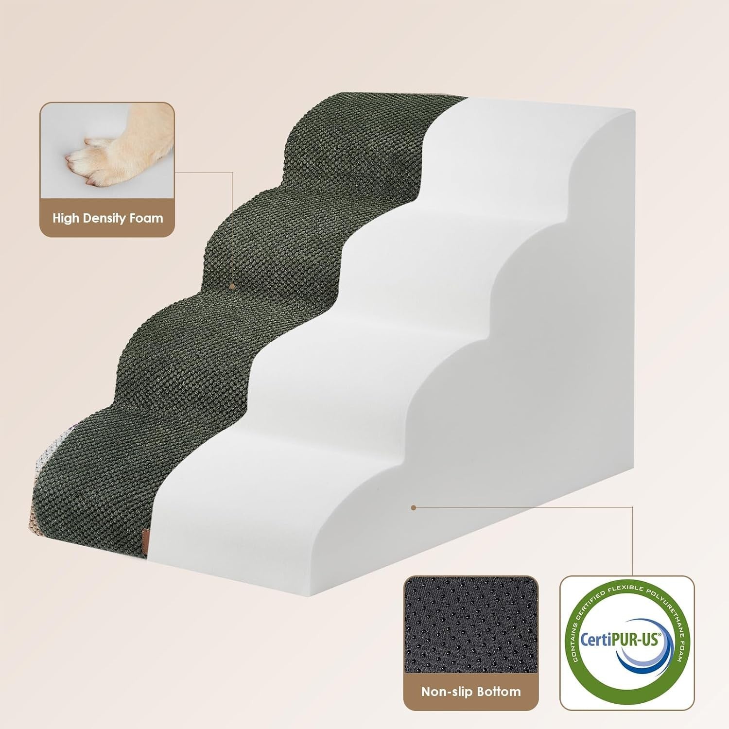 4 Step Dog Stairs for High Bed Non Slip Foam Pet Steps Olive