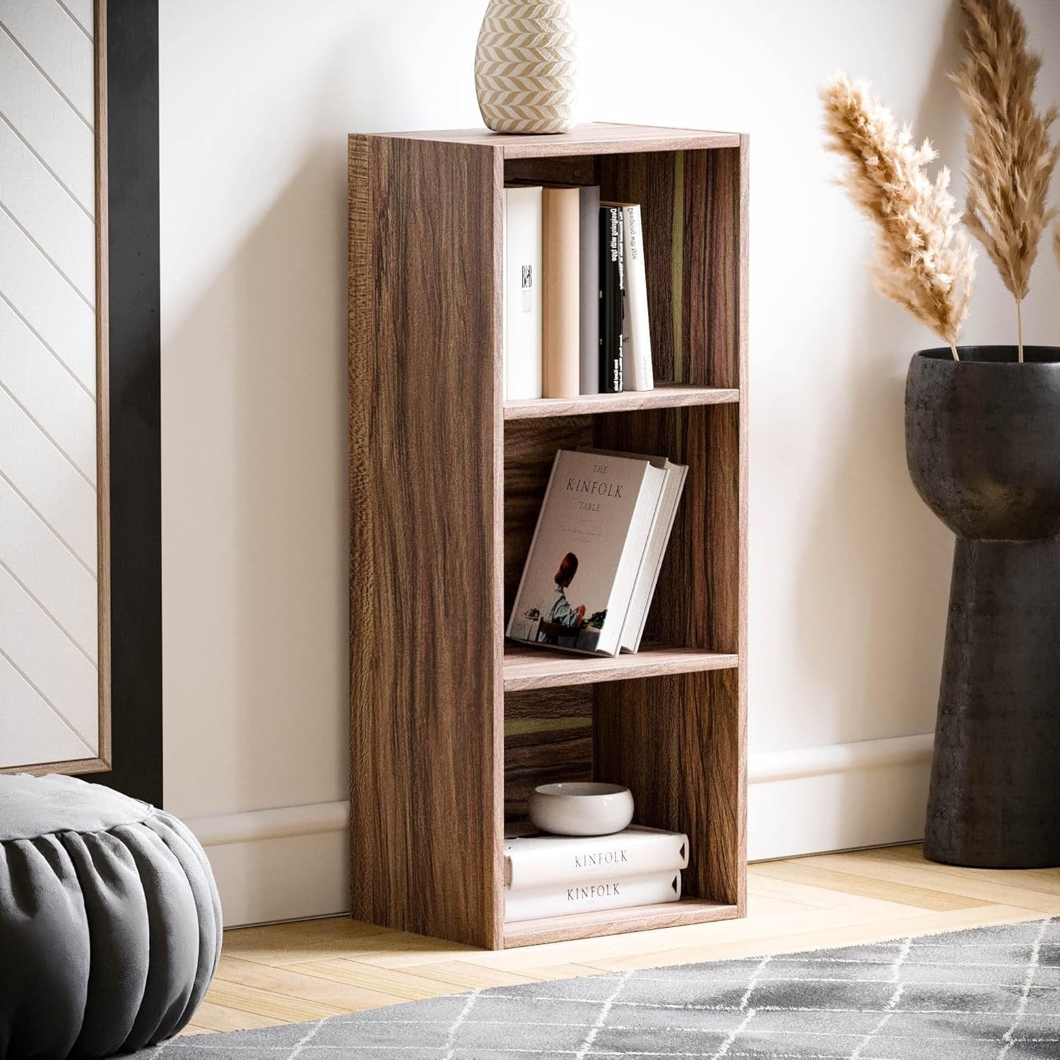 3 Tier Walnut Wooden Cube Bookcase Small Storage Shelf for Living Room Office