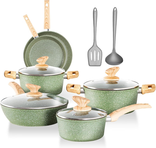 12Pcs Green Non Stick Cookware Set Granite Induction Pots and Pans with Lids