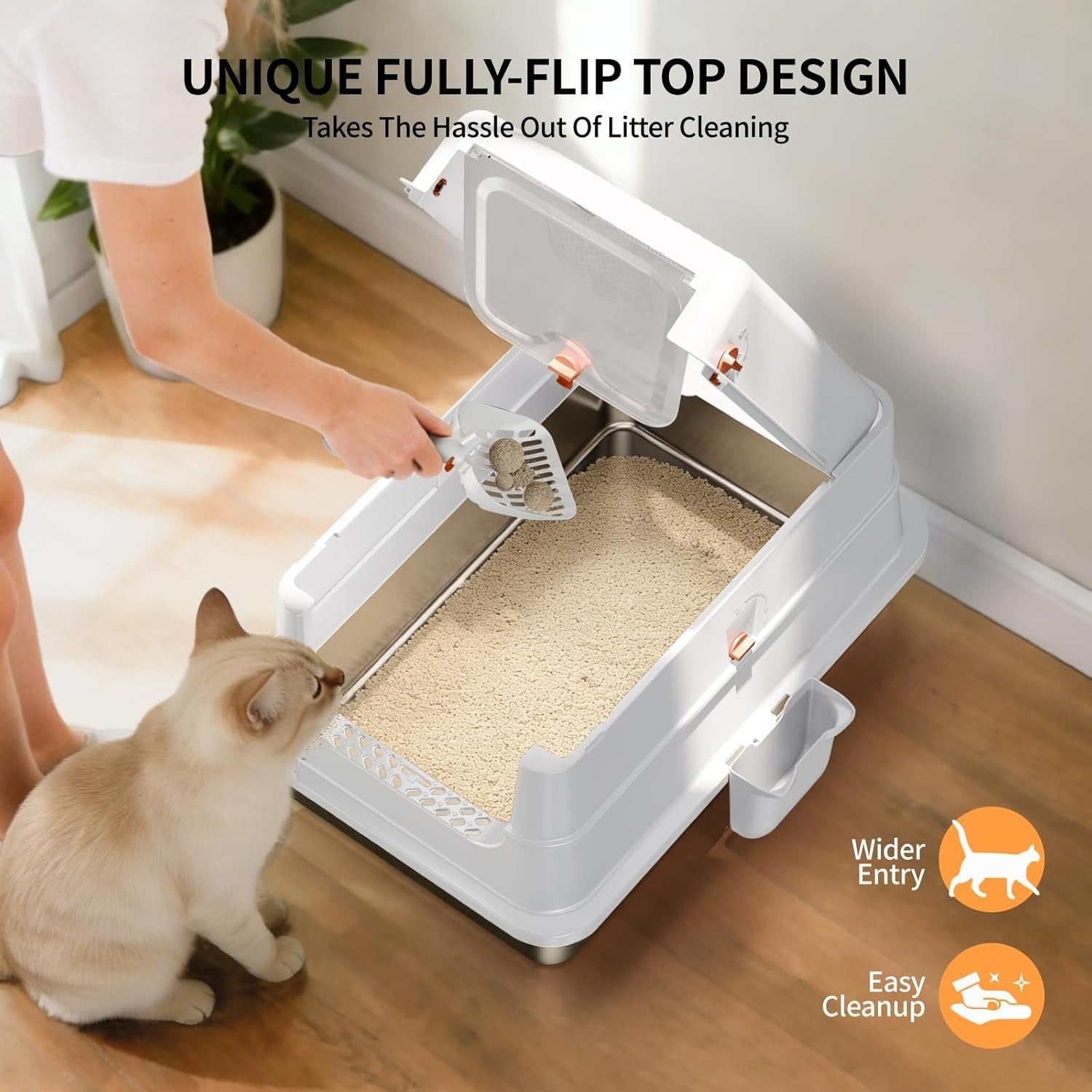 XL Stainless Steel Cat Litter Box Covered Leak Proof Odor Control White