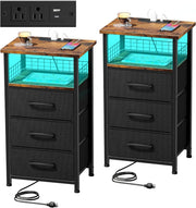 Set of 2 Rustic Brown LED Bedside Tables with 3 Drawers & USB Charging Ports