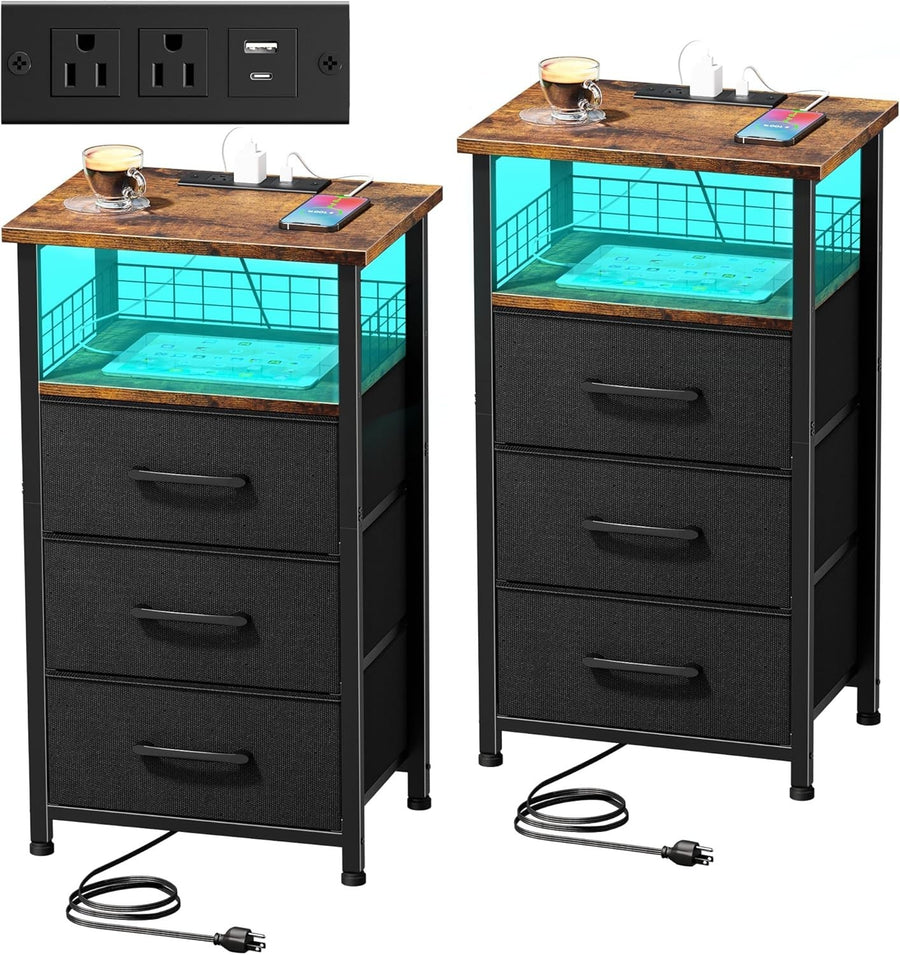Set of 2 Rustic Brown LED Bedside Tables with 3 Drawers & USB Charging Ports