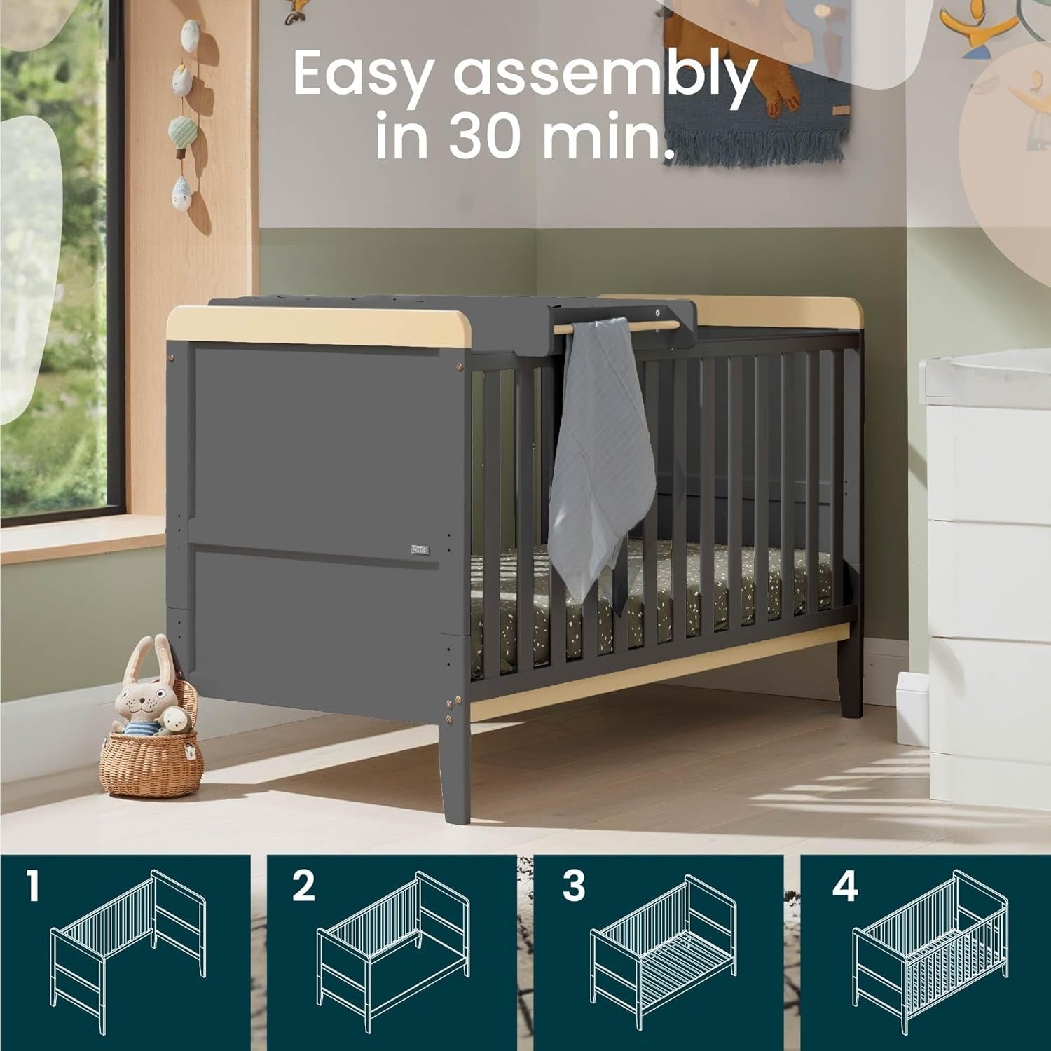 3in1 Mini Cot Bed with Drawer Toddler Sofa Adjustable Height Wooden Frame Grey