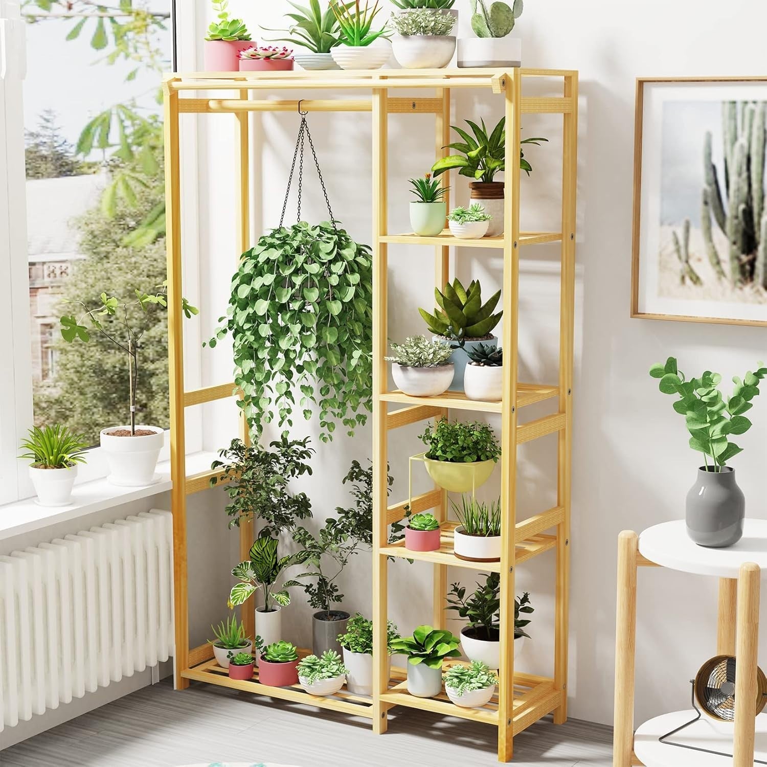 Bamboo Clothes Rack Organizer with Shelves, Garment Rail Wardrobe