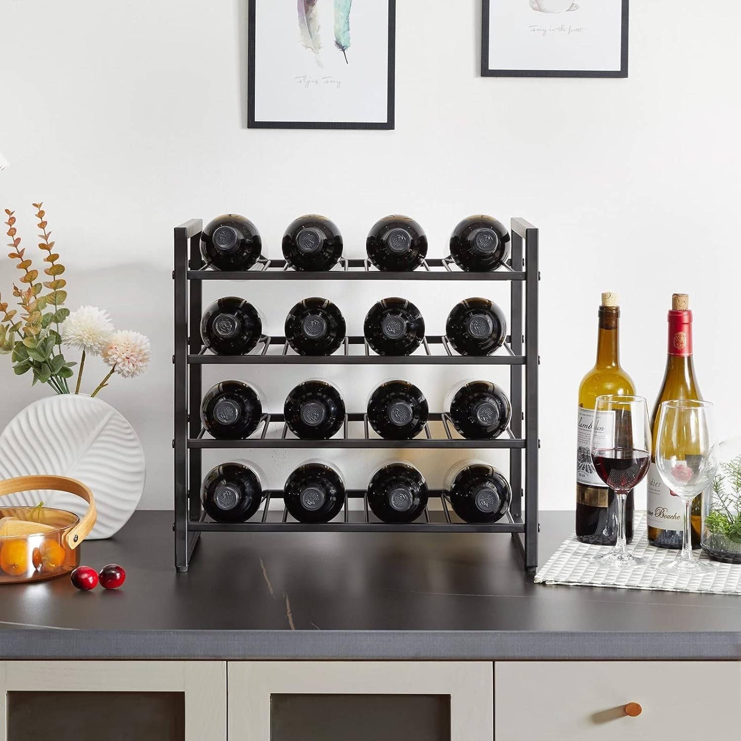 Wine Rack 16 Bottle 4 Tier Metal Freestanding Countertop Storage Shelf Black
